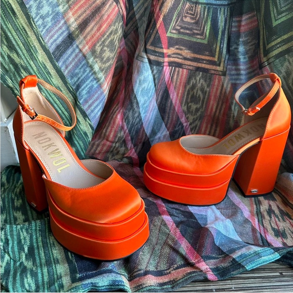 NOKWOL Charlie Orange Satin Platform Heels